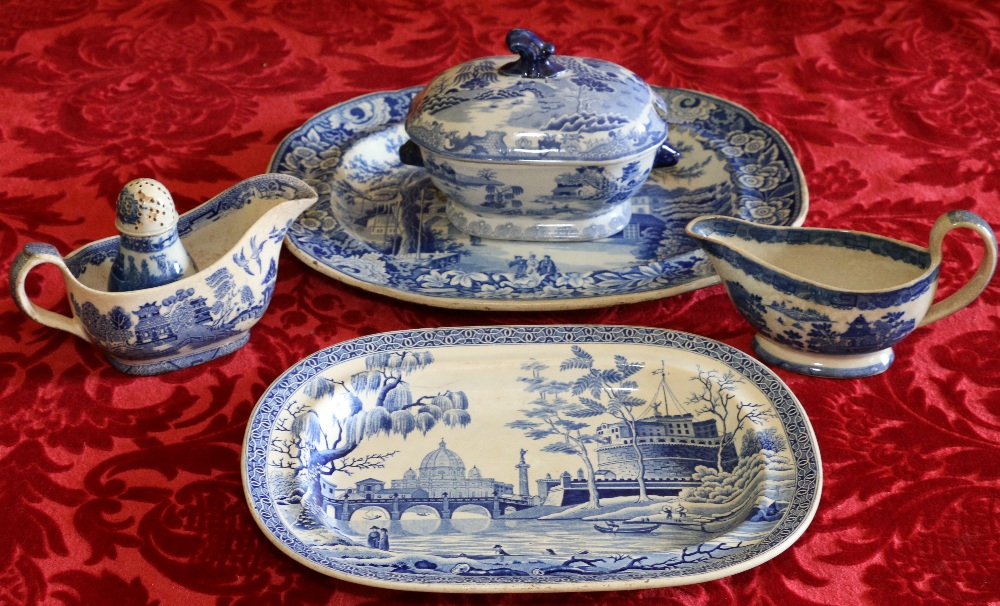 Two 19th century English blue and white oval dishes and four pieces of blue and white Willow