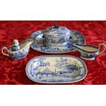 Two 19th century English blue and white oval dishes and four pieces of blue and white Willow