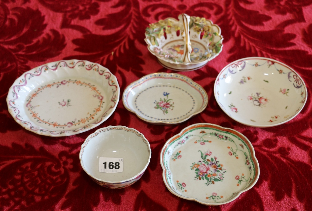 Six pieces of Chinese and English 18th century famille rose decorated porcelain cups, dishes etc.