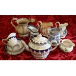 Newhall style teaware, interesting 19th century horse head jug, five other jugs and a port set.