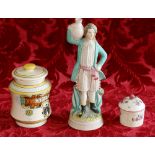 French Mennecy porcelain jar and cover 9cm and a bisque figure of a gentleman 30cm also a modern