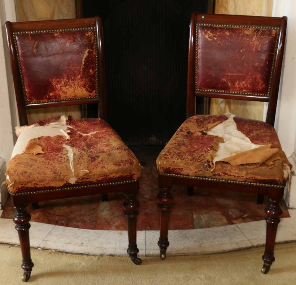 Pair of Victorian Morrison & Co mahogany and burgundy leather dining chairs,