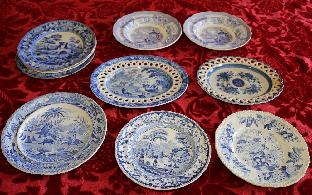 Group of 19th century English blue and white circular dishes including two 'Palestine' pattern,