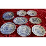 Group of 19th century English blue and white circular dishes including two 'Palestine' pattern,