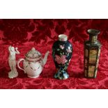 Wood & Sons chinoiserie famille noir decorated vase, chinoiserie metal tin box in the form of a