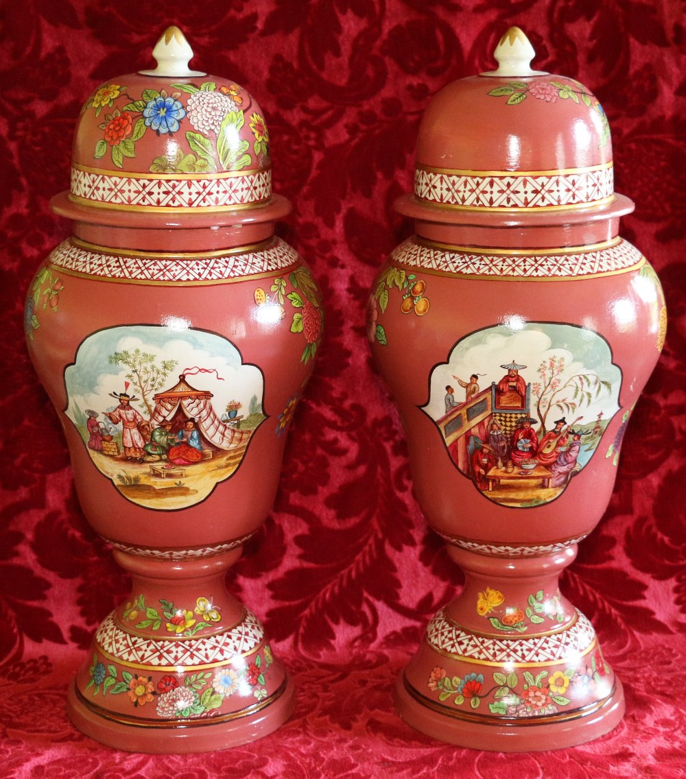 WILLIAM McLAREN
Pair of painted terracotta jars with domed covers,