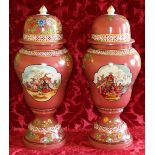 WILLIAM McLAREN
Pair of painted terracotta jars with domed covers,