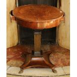 Circular pollard oak pedestal table with reeded edge on associated square reeded pedestal and