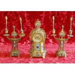 Late 19th century gilt speltre champleve enamel mounted clock garniture,
