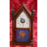 American "Gothic" style mantel clock with white painted dial, Connecticut label within,