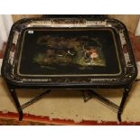 Victorian Anglo Indian toleware tray decorated with a native hunting tiger,