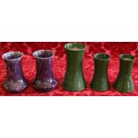 Three "Pearsons of Chesterfield" green glazed vases and a pair of purple mottled glaze vases (5)