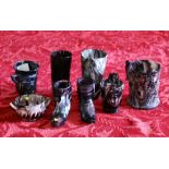 Pair of purple slag glass pressed agate boots, 8cm and six other pressed glass items (8) CONDITION