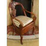 19th century French Empire style commode chair, leaf carved baluster splat,