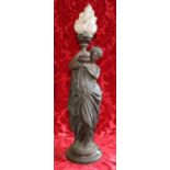 19th century bronzed spelter figural lamp of a lady carrying a vase, signed indistinctly "
 T HE",