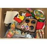 EXTRA LOT Box containing various toys, puppets,