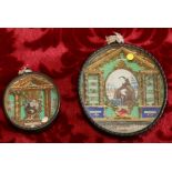 Two 19th century Italian reliquaries with watercolour miniatures of Saints in architectural mounts,
