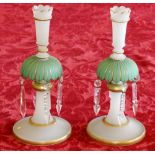 Pair of Victorian frosted green and white frosted glass lustres, 27.5cm CONDITION REPORT: Missing