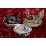 Pair of novelty slag glass agate tureens, 12cm and a large hen tureen, 14cm  (3) CONDITION REPORT: