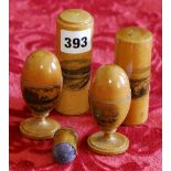 Two egg shaped Mauchline ware pin boxes, Walton on Naze and The Beach, Walton on Nage,