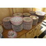 Large part dinner service in pink and green, Overjoy hand painted Hong Kong,