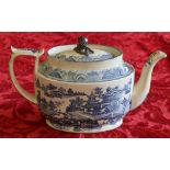 Large 19th century English possibly Liverpool blue and white teapot with white metal pomegranate