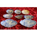 Pair of Spode blue and white dishes decorated with classical scenes and six other small pieces of