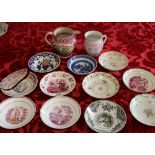 Sunderland lustre saucer dish, 'Charity', a group of 18th and 19th century English saucers and a