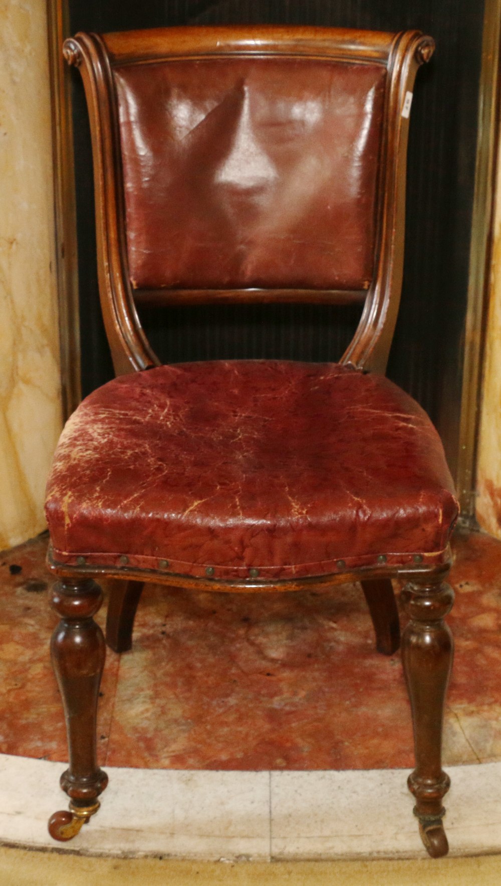 Victorian mahogany and crimson leather dining chair (1) CONDITION REPORT: Leather upholstery worn