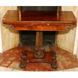 William IV rosewood card table with foldover top,