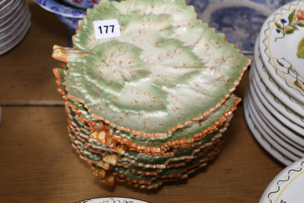 Set of ten Portuguese green glazed vine leaf dishes. CONDITION REPORT: Crazed
2 or 3 with small but