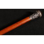 Early 19th century malacca cane with Chinese silver metal finial marked KW probably Kwan Wo