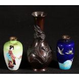 Japanese bronze stem vase, 16cm together with two small cloisonne vases,