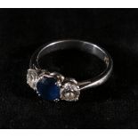 Platinum sapphire and diamond three stone ring,