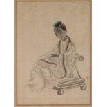 Small Chinese painting on silk depicting a woman reading,