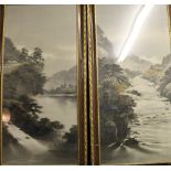 Pair of Japanese landscape painted on textile, one depicting a river landscape scene,