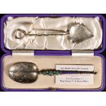 Commemorative silver gilt, enamel and pearl annointing spoon, cased,