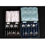 Set of six silver tea spoons with bead handles and another set, plain, both cased.