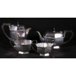 Silver four-piece tea set of tapered, hexagonal form, Sheffield 1947, 1392g gross,