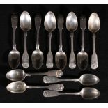 Victorian set of twelve silver shell and fiddle pattern teaspoons, maker MacKay & Chisholm,