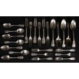 A composite 24 piece part silver shell and fiddle pattern canteen comprising five table spoons,