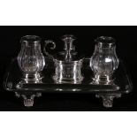 Elkington & Co silver plated inkstand with twin glass inkwells, raised on anthemion cast feet,