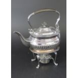 A silver plated spirit kettle, burner an