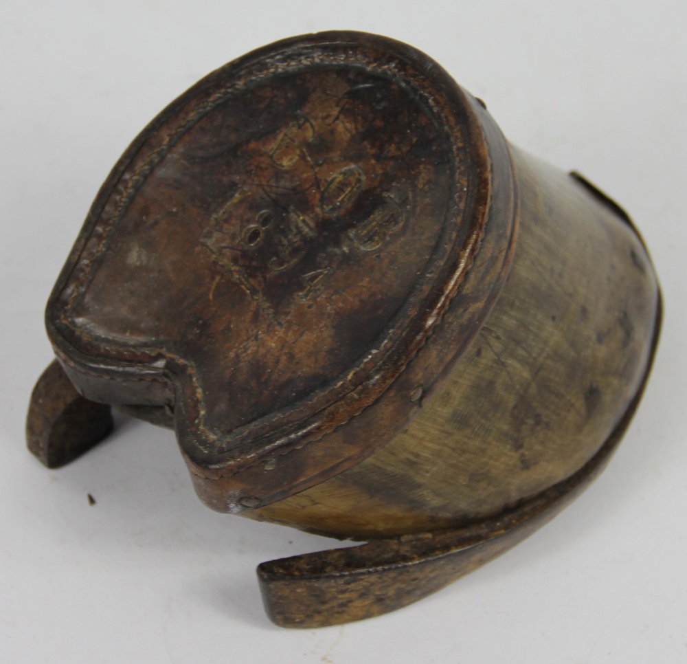 A Victorian taxidermy horses hoof and shoe, with leather top stamped 'BOB 1894', 15.5cm