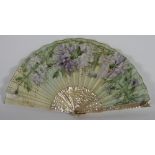 A late 19th century French mother of pearl fan, the panel painted with a fairly holding a latter