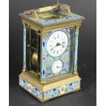 A Continental champleve enamel and brass repeating alarm carriage clock,