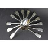 Twelve Victorian silver fiddle pattern dessert spoons, six are Samuel Hayne & Dudley Carter,