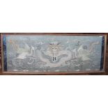 A Chinese silk work panel decorated with a dragon and two phoenix, framed,