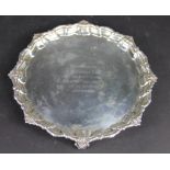 A George V silver waiter, with presentation inscription to H. W.