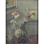 English School - early 20th century,
oil on canvas,
still life of anemones in a jug,